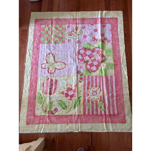 Bug A Boo Butterfly & Flower Quilt Panel 36"x44" Pink/Green/Yellow Cotton Fabric - Picture 1 of 7